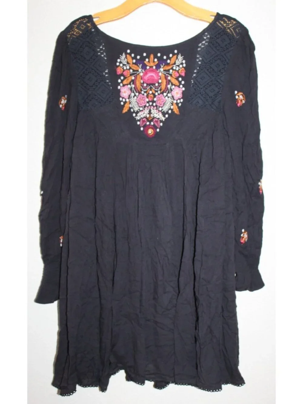 Free People Womens Black Embroidered Mini Dress See Measurements